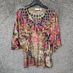 Chicos Top Womens 2‎ US Large Pink Satin Printed Smocked Waist Blouse Ladies